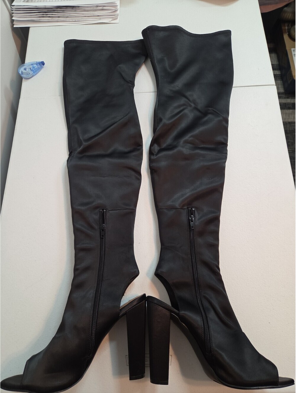 women's blackthigh-high chunky-heeled boots size 9.5